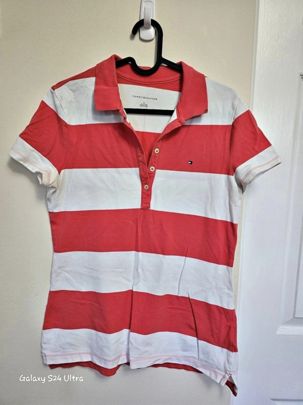 Tommy Hilfiger Striped Polo Shirt in Red & White Size Medium P2P=17 L=25